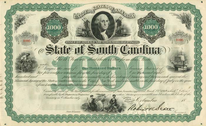 State of South Carolina $1,000 Bond with Facimile signature of Robert Kingston Scott